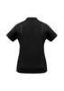 A black women's short sleeve polo shirt featuring a back view with a subtle logo.