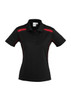 A black women's polo shirt with red accent stripes and a collar. It features a logo on the chest area.