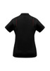 A women's short sleeve polo shirt in black with red detailing and a logo on the back.