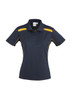 A women's short sleeve polo shirt in navy blue with yellow accents and a branded logo.