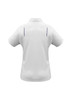 A white women's polo shirt featuring short sleeves and a sleek design, with contrasting details and branding.