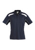 A navy blue short sleeve polo shirt with white accents and a logo on the chest.