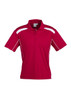 A red short sleeve polo shirt with white accents and a logo on the chest.