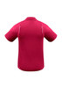 A maroon short sleeve polo shirt featuring a logo, shown from the back view.