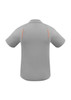 A grey short sleeve polo shirt with orange detailing and a logo on the back.