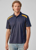 A navy blue men's short sleeve polo shirt with yellow accents and a logo.