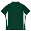 A green polo shirt with white side panels and a collar. It features a logo on the front.