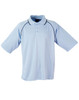 A light blue men's polo shirt featuring short sleeves and contrasting detailing, with a logo on the front.