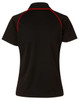 A black men's polo shirt featuring a cool-dry fabric and red accent piping, with a logo on the back.