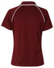 A burgundy short-sleeve polo shirt with a contrasting trim and a logo on the back.