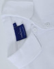 A white men's cotton stretch polo shirt with a collar, featuring three buttons and a branded tag.