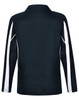 A long sleeve polo shirt in black with white panel accents and a logo. Back view showcases the design.