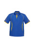A blue polo shirt with yellow accents and mesh panels on the sleeves, featuring a logo on the chest.