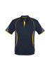 A navy polo shirt with yellow accents and mesh sleeves, featuring a logo on the chest.