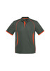 A grey polo shirt with orange accents, featuring short sleeves and a collar, and includes a logo.