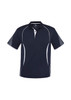 A navy blue short sleeve polo shirt featuring white accents and a branded logo on the collar.