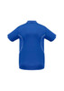 A blue polo shirt with short sleeves and white piping, featuring a logo on the back.