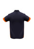 A navy blue polo shirt with orange sleeves and a brand logo on the back.