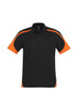 A black and orange men's short sleeve polo shirt, featuring a logo on the chest and contrasting side panels.