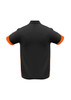 A black men's polo shirt with orange accents on the sleeves, featuring a logo on the back.