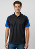 A black and blue short sleeve polo shirt with a collar and a logo on the chest.