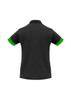 A black women's polo shirt with green accents on the sleeves, featuring a logo on the back.