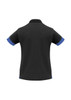 A black women's polo shirt with blue collar and sleeve accents, featuring a logo on the back.