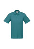 A teal men's polo shirt featuring a classic collar and short sleeves, with a logo on the chest.