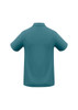 A teal men's polo shirt with short sleeves and a classic collar, featuring a branding logo.