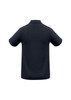 A navy blue men's polo shirt featuring a classic design and a logo on the back.
