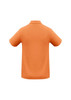 A back view of a short-sleeved, orange polo shirt with a collar and a logo.