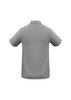 A grey men's polo shirt with short sleeves and a collar, featuring a logo on the back.