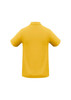 A yellow polo shirt with a classic collar and short sleeves, featuring a logo on the back.