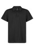 A black polo shirt with a collar and three buttons, featuring a logo on the upper chest area.