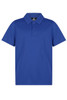 A blue polo shirt with a buttoned collar and short sleeves. It features a logo on the collar.