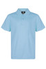 A light blue polo shirt featuring a collar and a button placket, with a logo on the upper side.