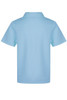 A light blue children's polo shirt with a collar, featuring a logo on the back.