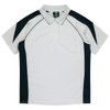 A white and navy polo shirt featuring a logo on the collar and a sporty design with contrasting panels.
