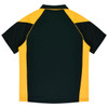 A polo shirt featuring green and yellow panels, designed for kids, with a logo on the front.