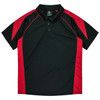 A black polo shirt with red accents and a collar, featuring a logo on the upper side.