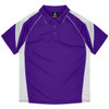 A purple polo shirt featuring white accents and a logo on the collar.