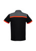 A black short sleeve polo shirt featuring grey and orange stripes. The shirt has a branding logo on it.