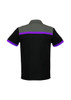 Men's short sleeve polo shirt featuring black fabric with grey and purple accents, including a logo.