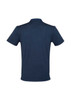A navy blue men's short sleeve polo shirt with a collar and a logo on the back.