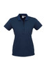 A navy women's short sleeve polo shirt featuring a button placket and a logo on the chest.