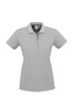 A grey women's short sleeve polo shirt with a button placket and a logo on the collar.