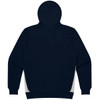 A navy hoodie featuring a hood and a logo, displaying a simple design with grey accents.