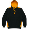 A men's hoodie featuring a dark green body with yellow accents and a front pocket. It has a drawstring hood.