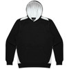 A black hoodie with a white interior and white accents on the sides. It features a front pocket and a logo.