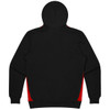 A black hoodie with red side panels, featuring a hood and a simple design. It has a logo on it.